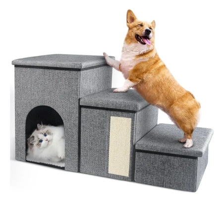 Escalera Mascota Perro Gato Con Almacenamiento Plegable Gris